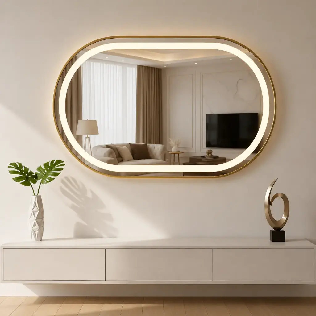 MIROIR LED OVALE 80×60 CM – CADRE EN ALUMINIUM DORÉ (HORIZONTAL)