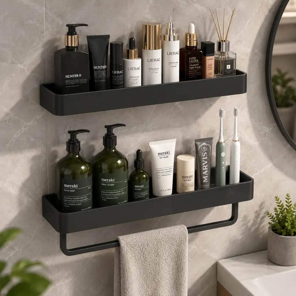 Kit Etagere Murale 2 Niveaux en Aluminium Noir Avec Porte Serviette