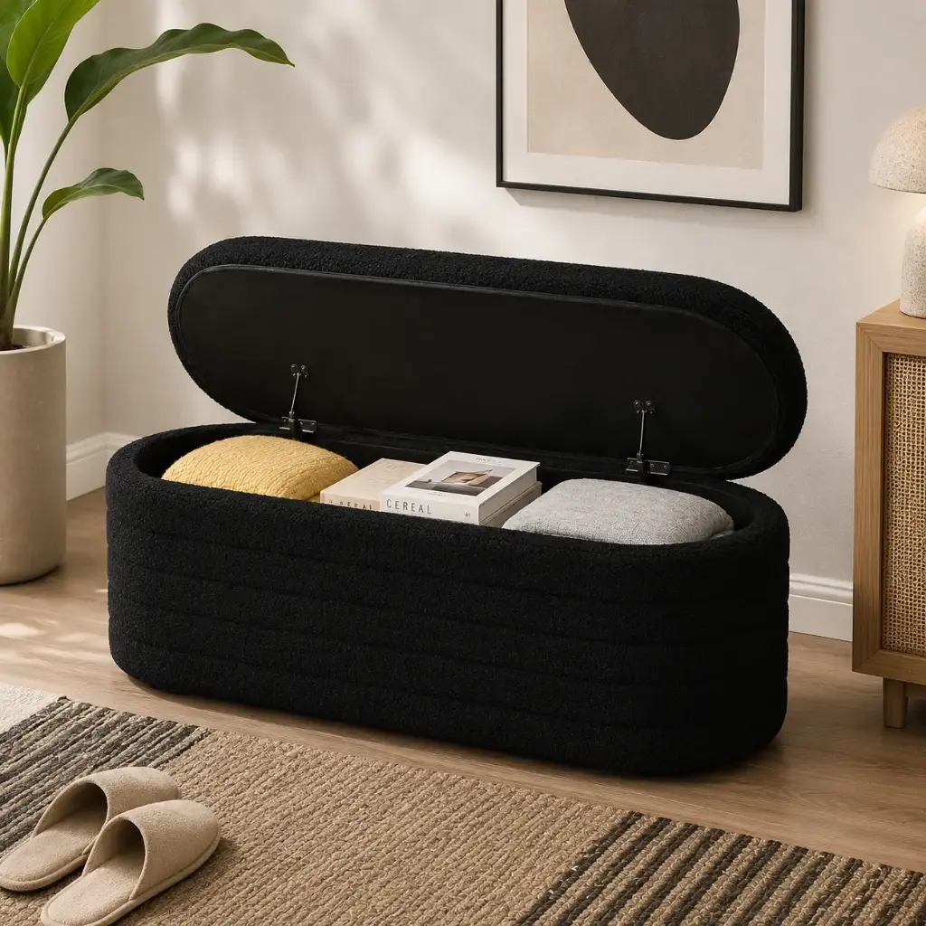 Banc de Rangement en Tissu Boucle Noir