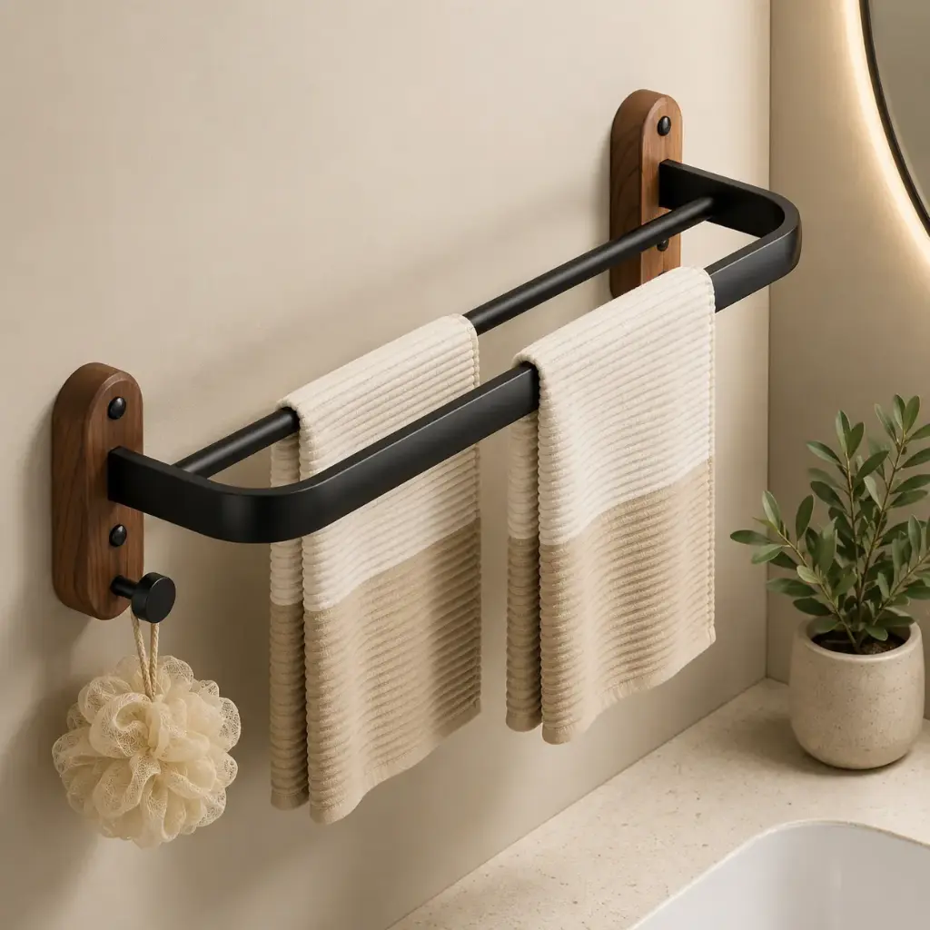 Porte-serviettes mural 50 cm – Aluminium & Bois effet noyer