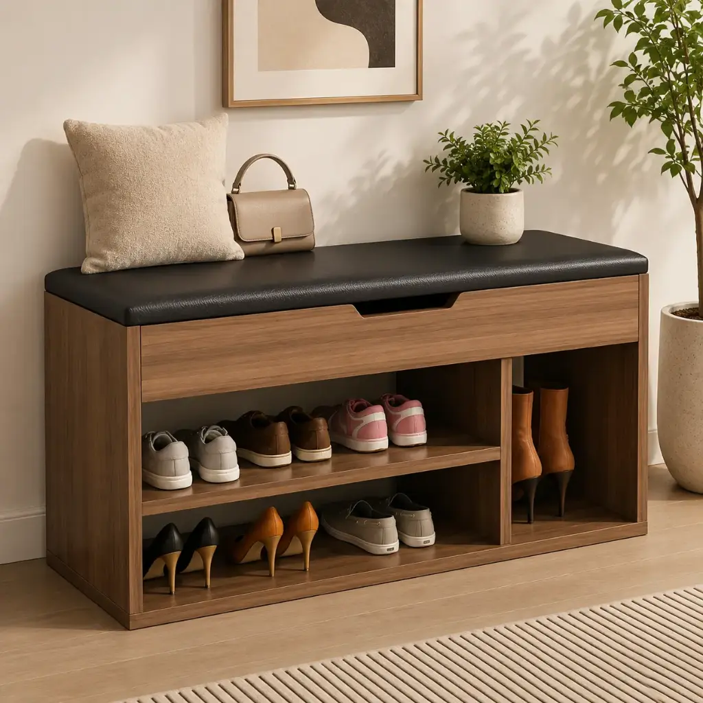 Banc Chaussures CozyBench – Couleur Bois Noyer / Assise Noir
