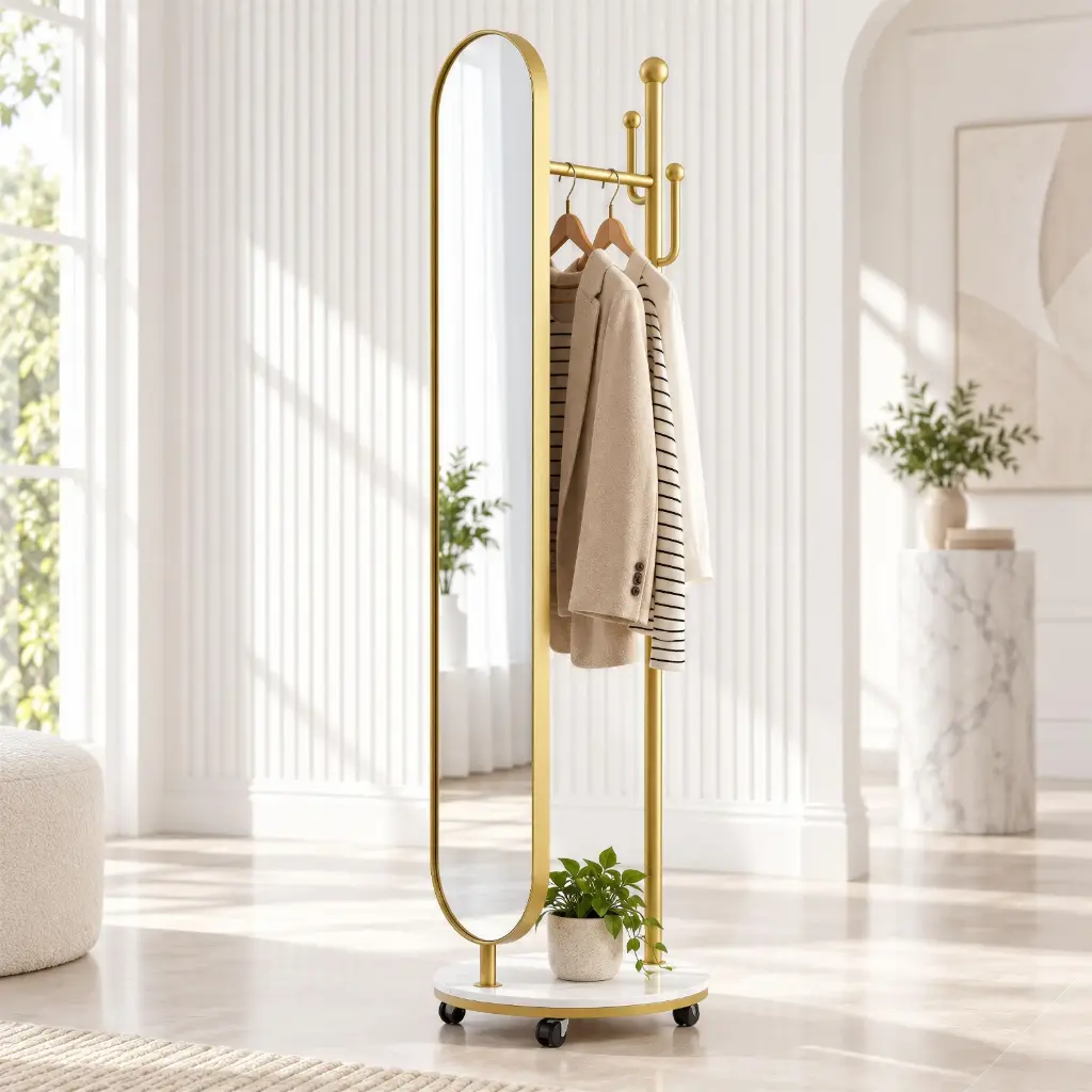 Miroir sur Pied avec Porte-Manteau APOLLO Doré