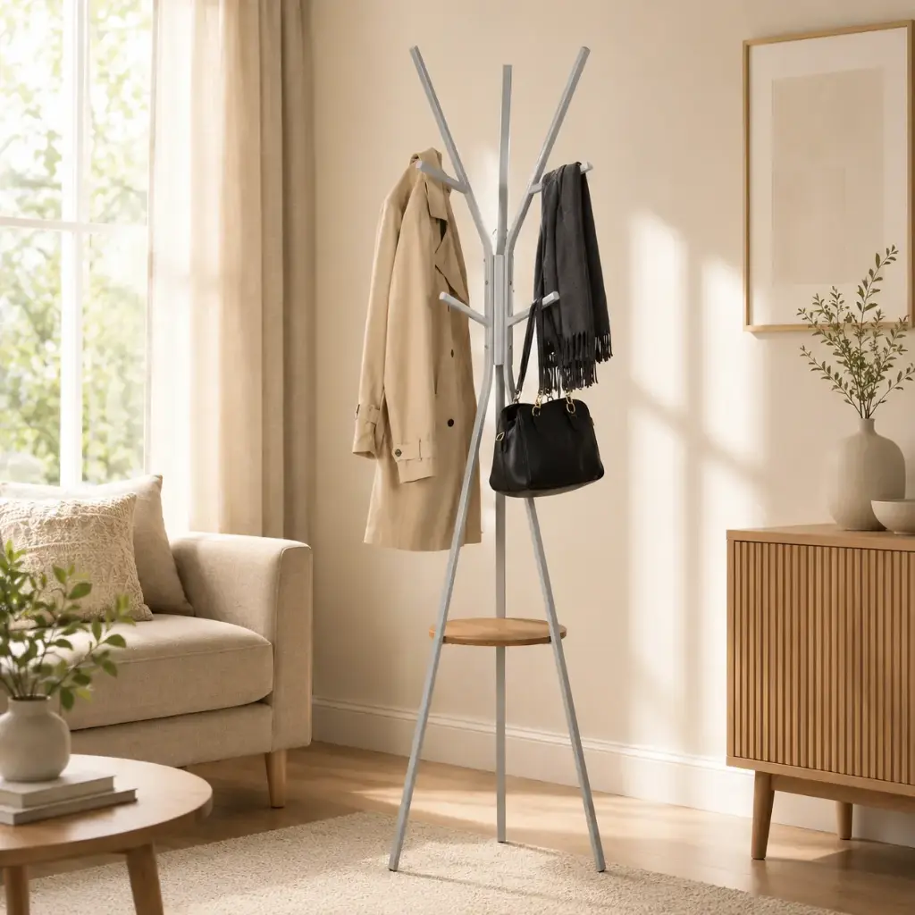 Porte-manteau Arbre Gris en Métal avec Étagère en Bois