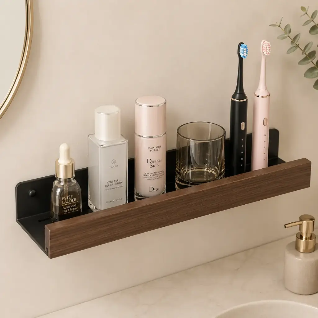 Etagere Murale 50 cm – Aluminium Noir & Bois Effet Noyer