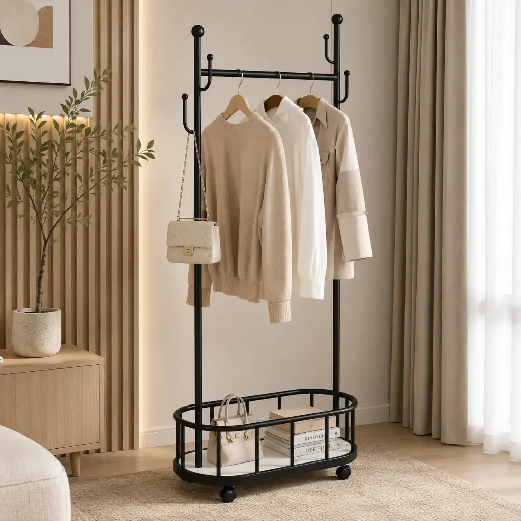 Porte-Vetements en Metal Noir avec Roues