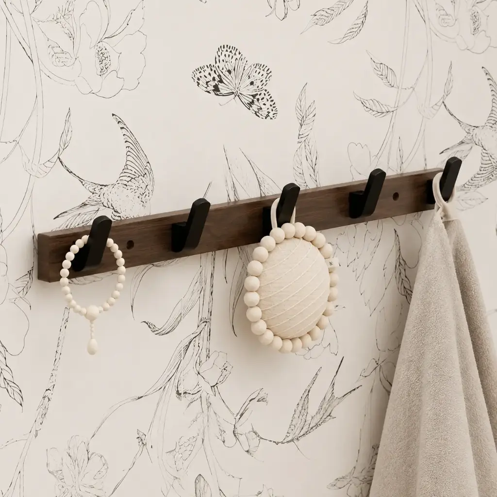 Porte-Manteaux Mural Bois & Aluminium Noir – 5 Crochets