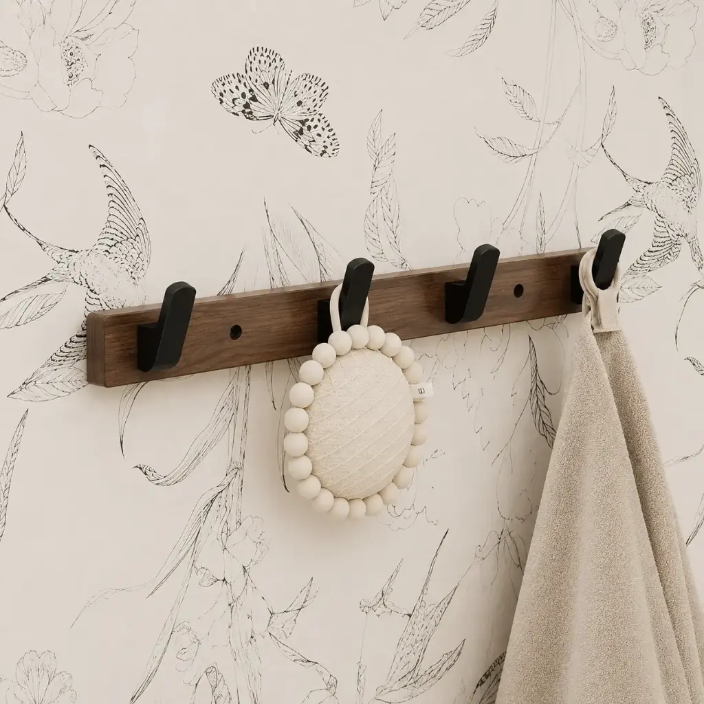 Porte-Manteaux Mural Bois & Aluminium Noir – 4 Crochets