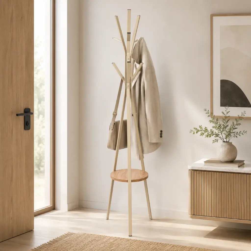 Porte manteaux Arbre Beige Metal avec etagere Bois