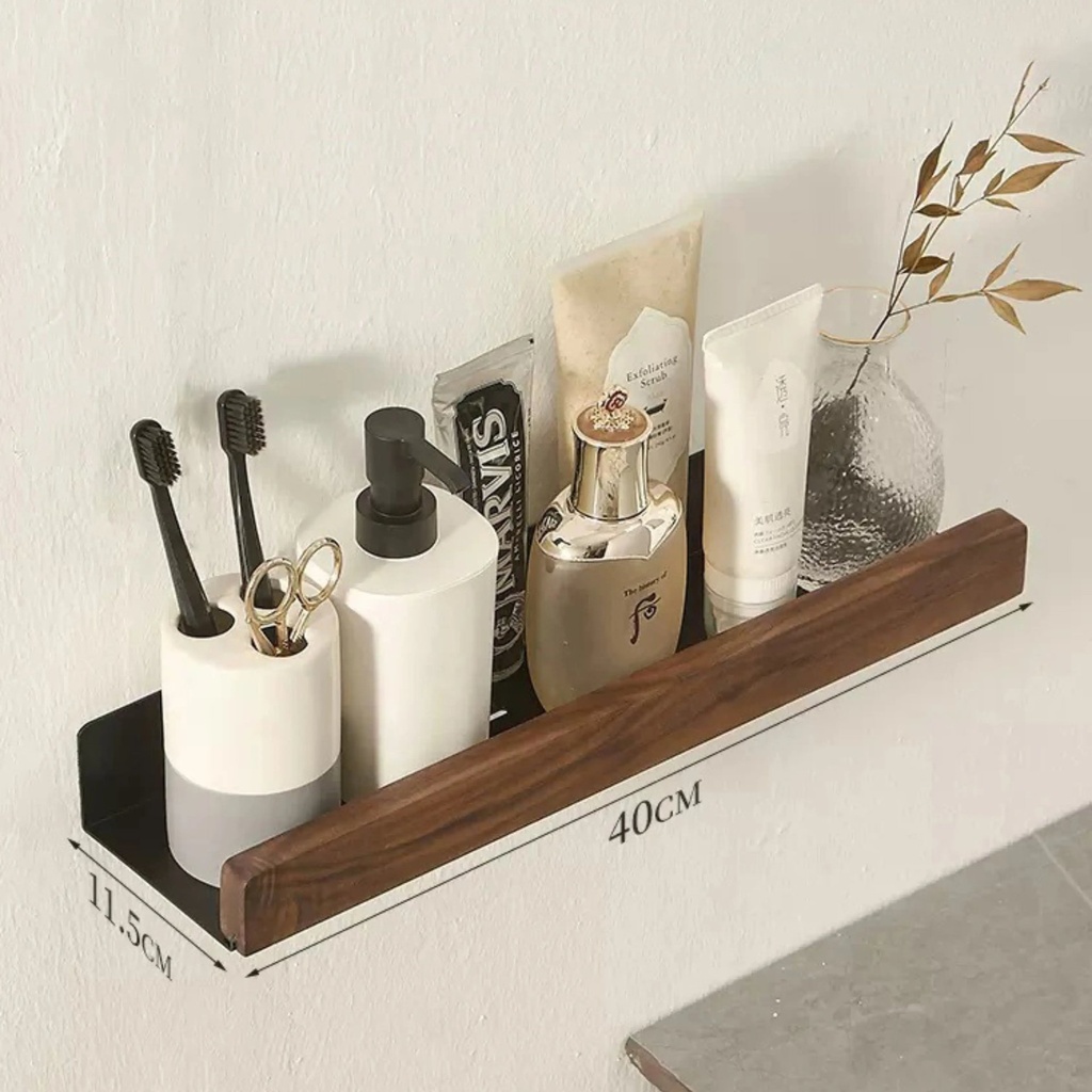 Etagere Murale 30 cm – Aluminium Noir & Bois Effet Noyer
