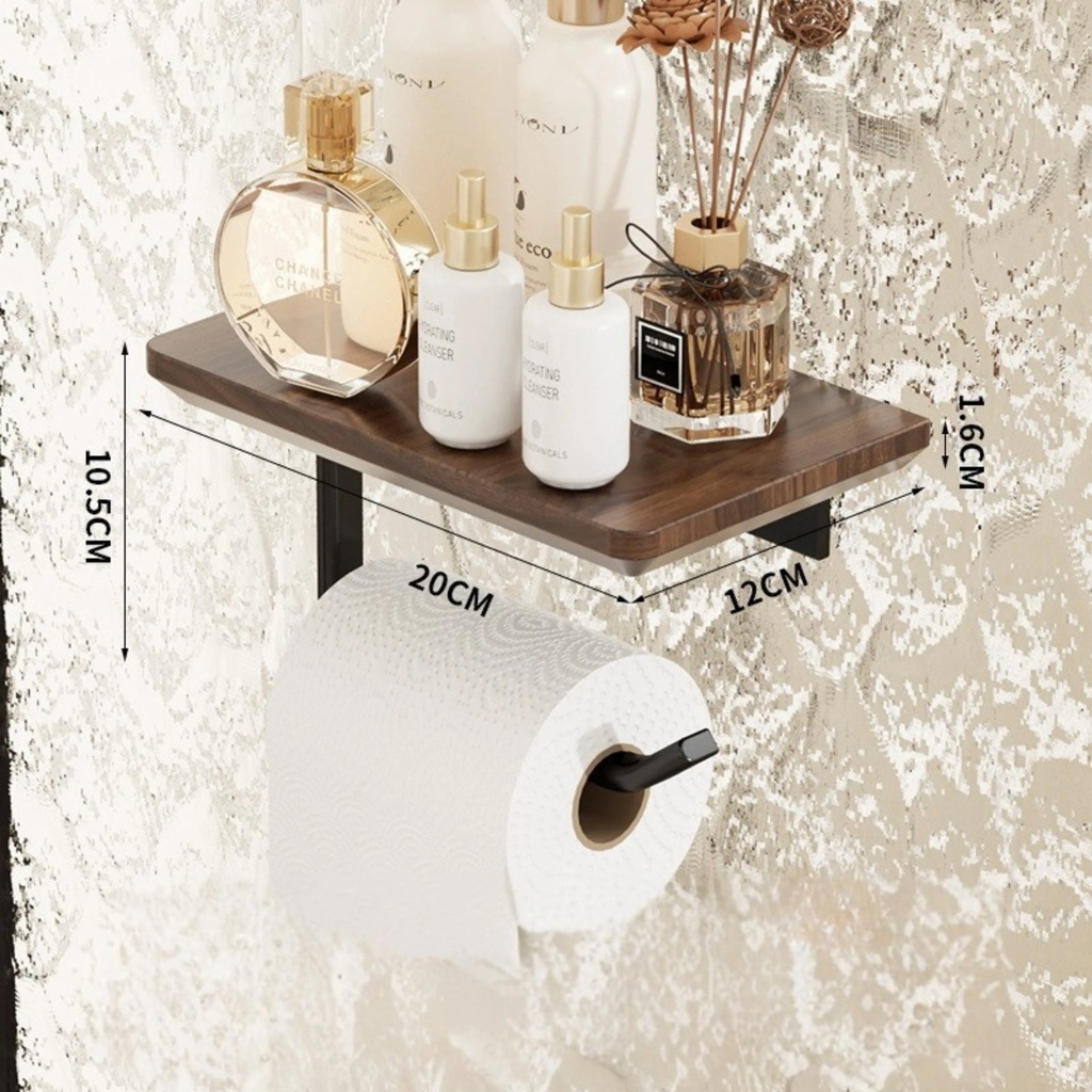 Support Papier Toilette avec Étagère Aluminium & Bois Effet Noyer