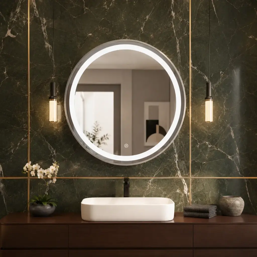Miroir LED Rond Ø50 cm – Cadre Aluminium Gris