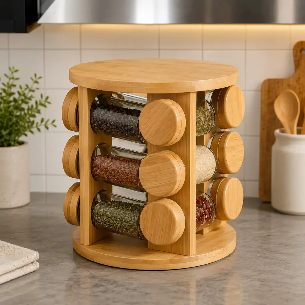 Porte Epices Rotatif en Bois Rond – 12 Pots en Verre