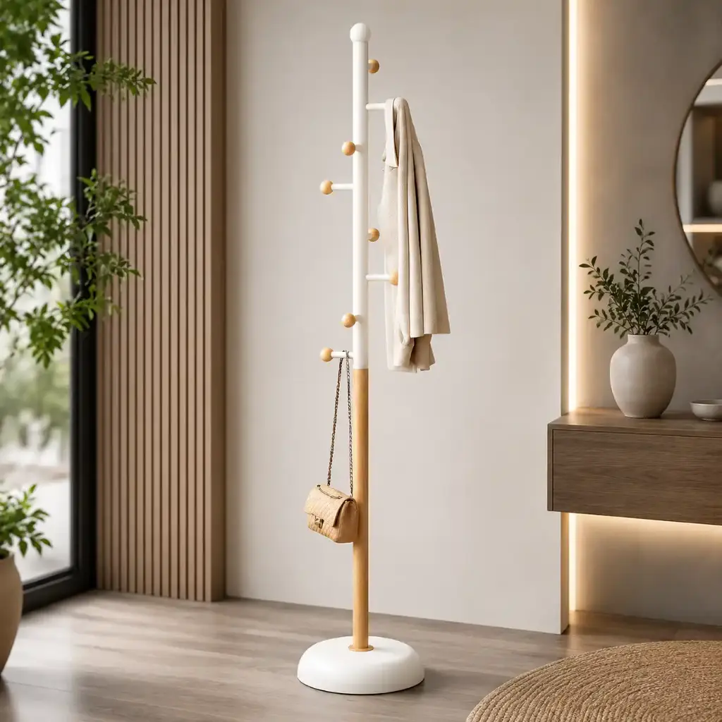 Porte-Manteau Scandinave en Métal Effet Bois avec Boutons en Bois – 180 × 30 cm