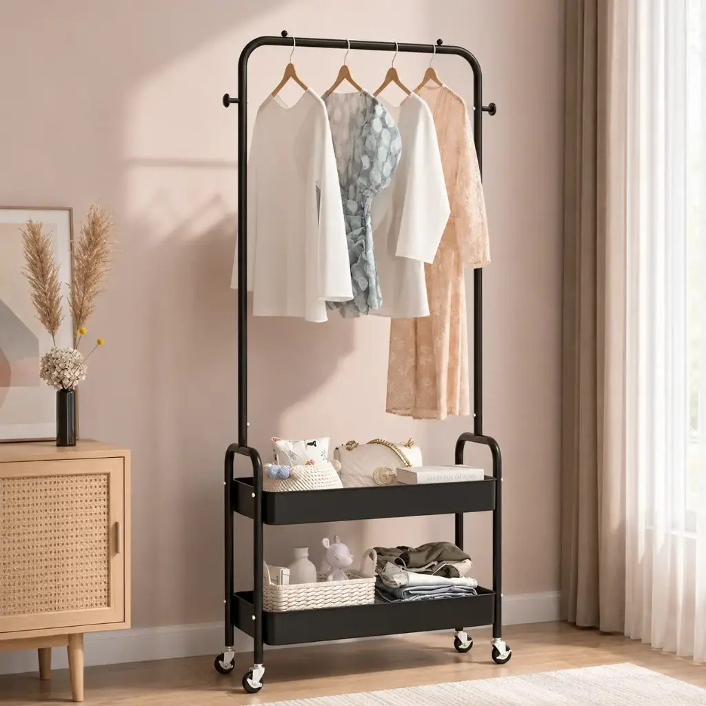 Porte Vetements en Metal – 2 Niveaux avec Roulettes