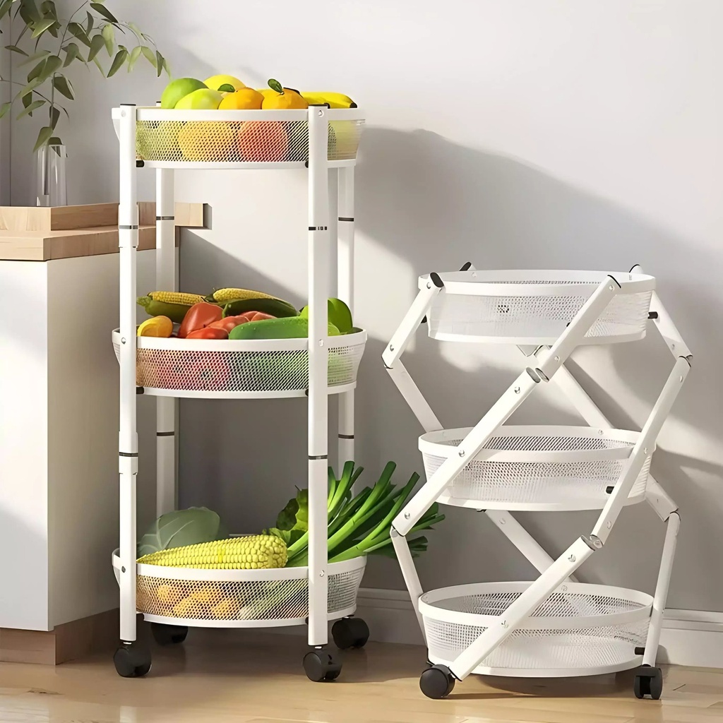 Chariot de Rangement Pliable 3 Niveaux en Métal – Blanc