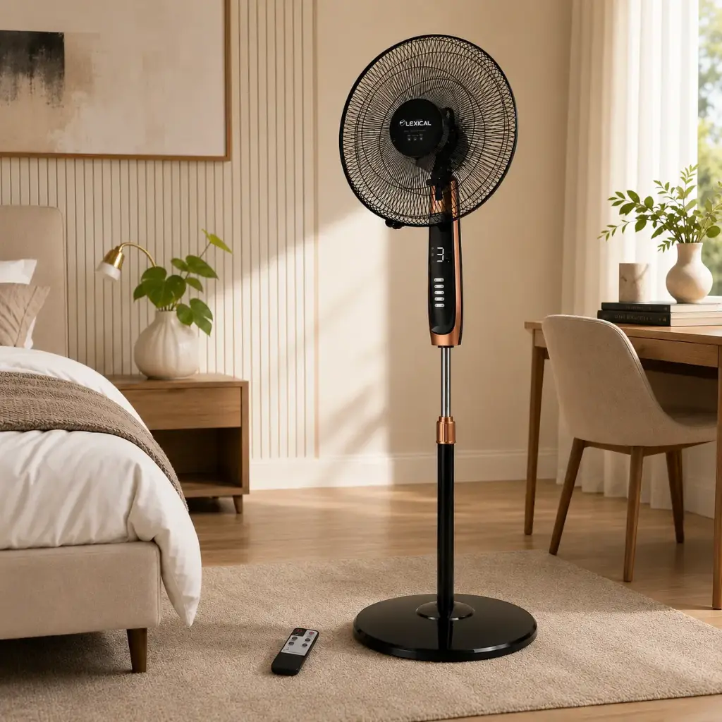 Ventilateur sur Pied Lexical 16” LSF-7020-9 – 60W avec Télécommande & Affichage LED – Noir/Bronze