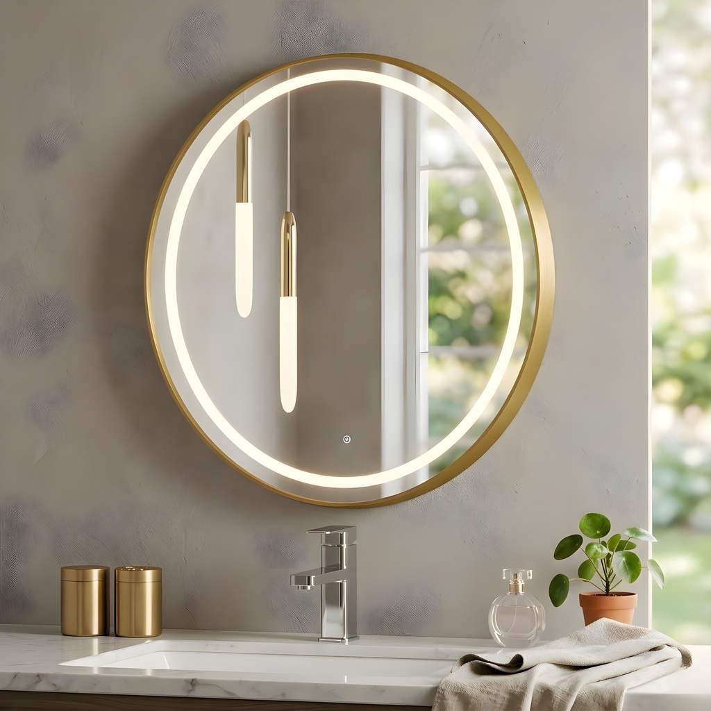 Miroir Rond LED 40CM – Cadre Aluminium Dore