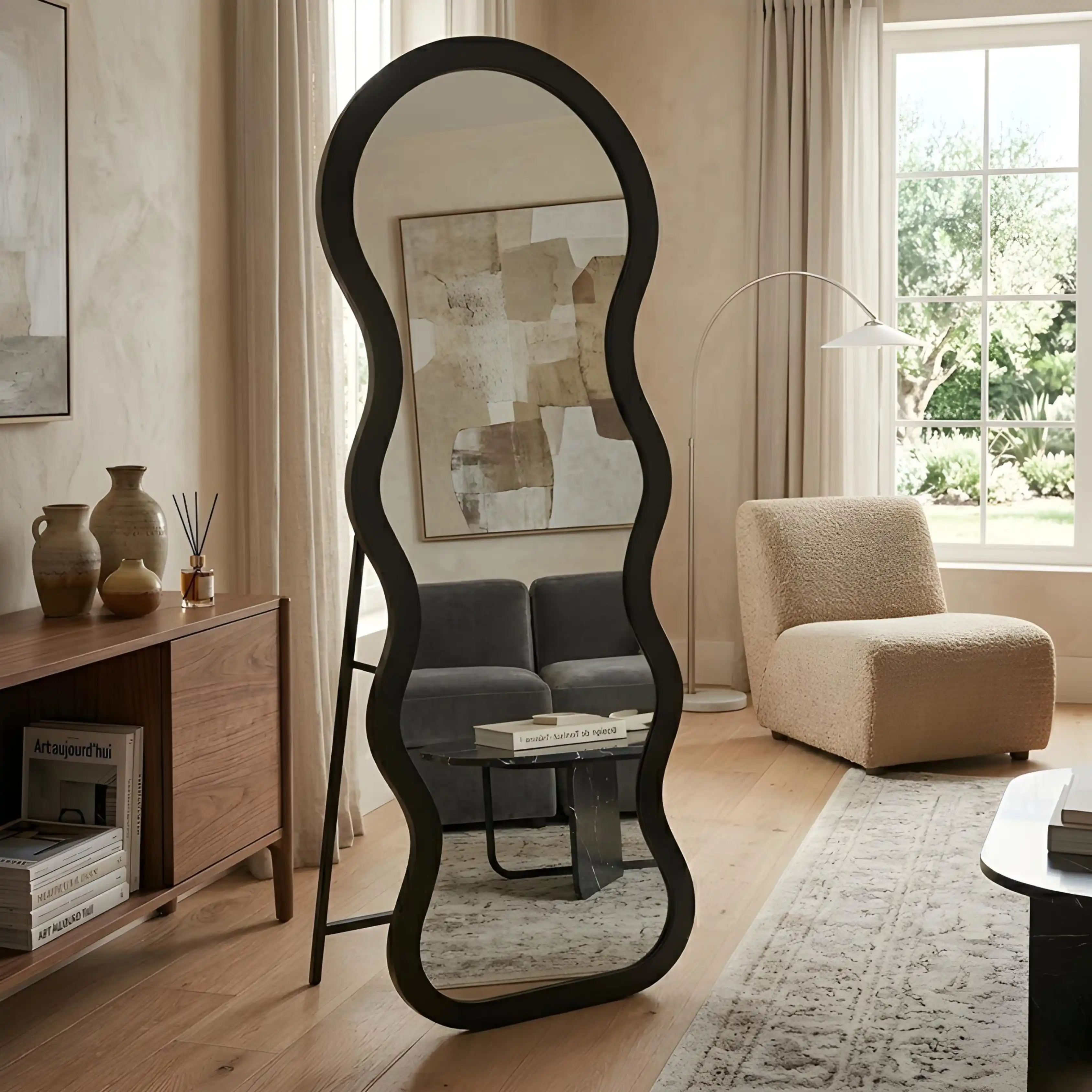 Miroir Sur Pied Design Ondulé VELINA Noir 160x55 cm