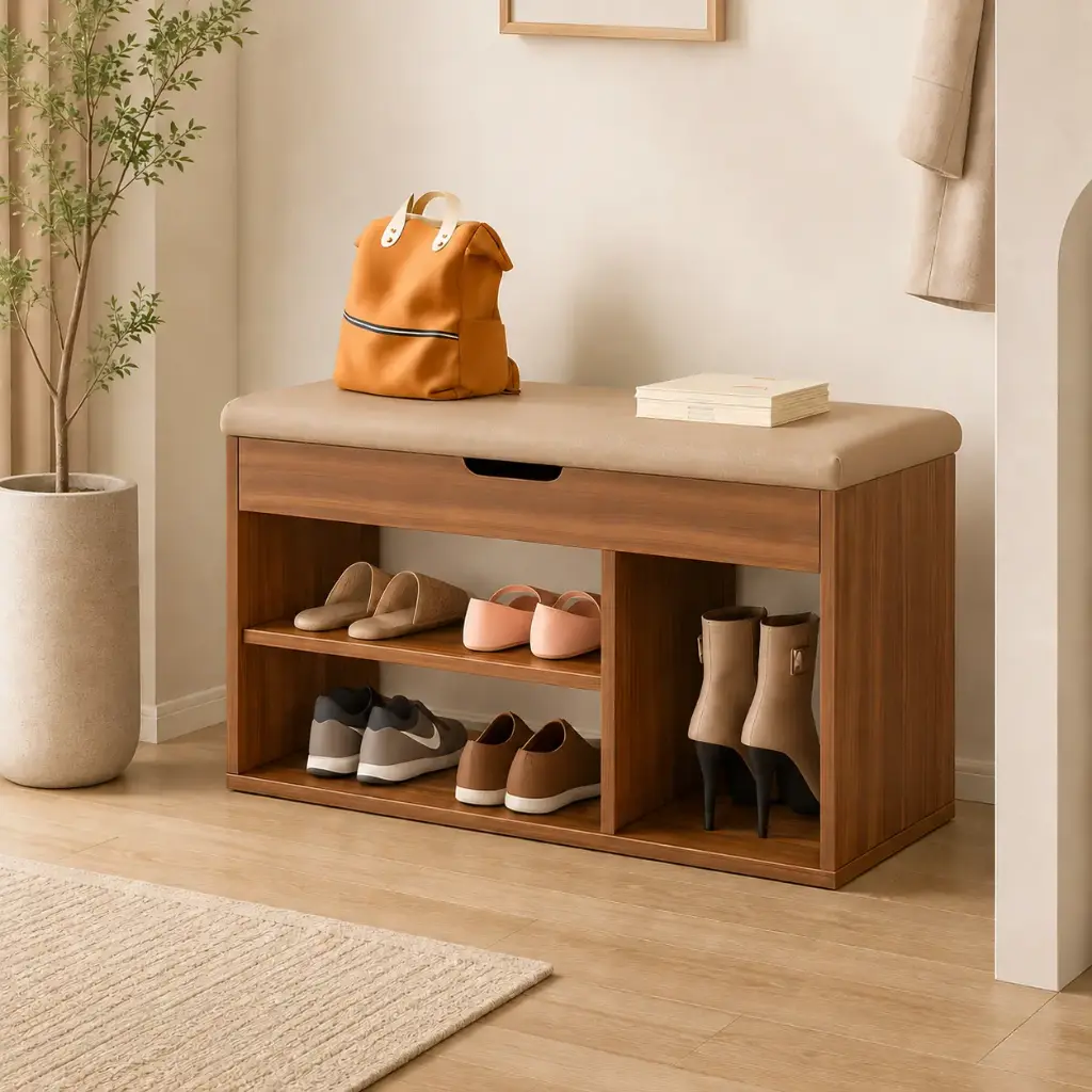 Banc Chaussures CozyBench – Couleur Bois Noyer / Assise Beige