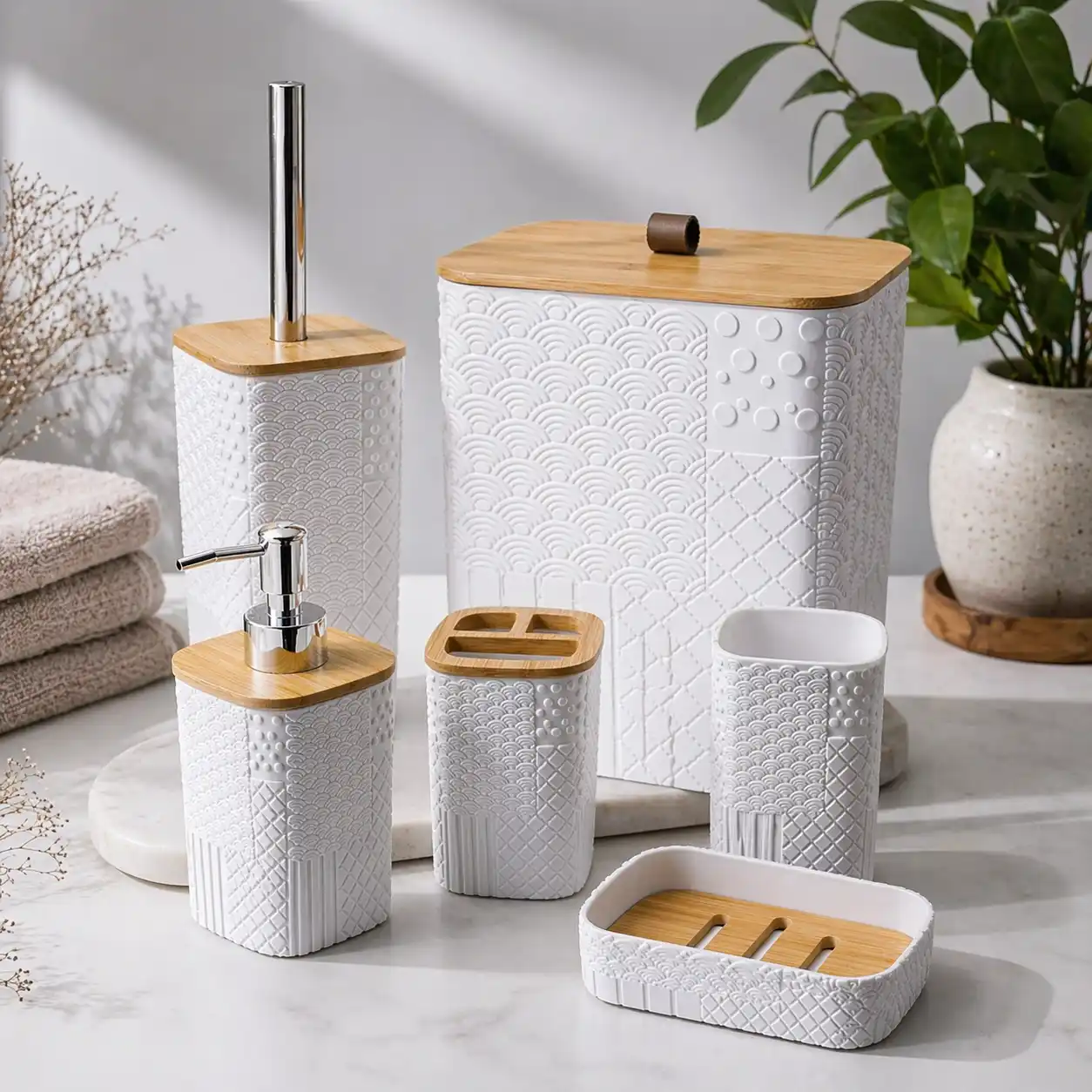 Kit Salle de Bain Moderne Blanc & Finition Bois