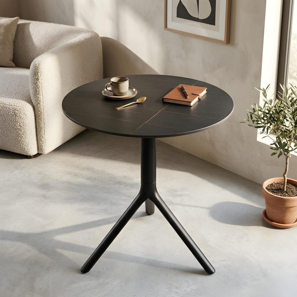 Table Café Luvista en HPL Effet Marbre avec Structure en Aluminium
