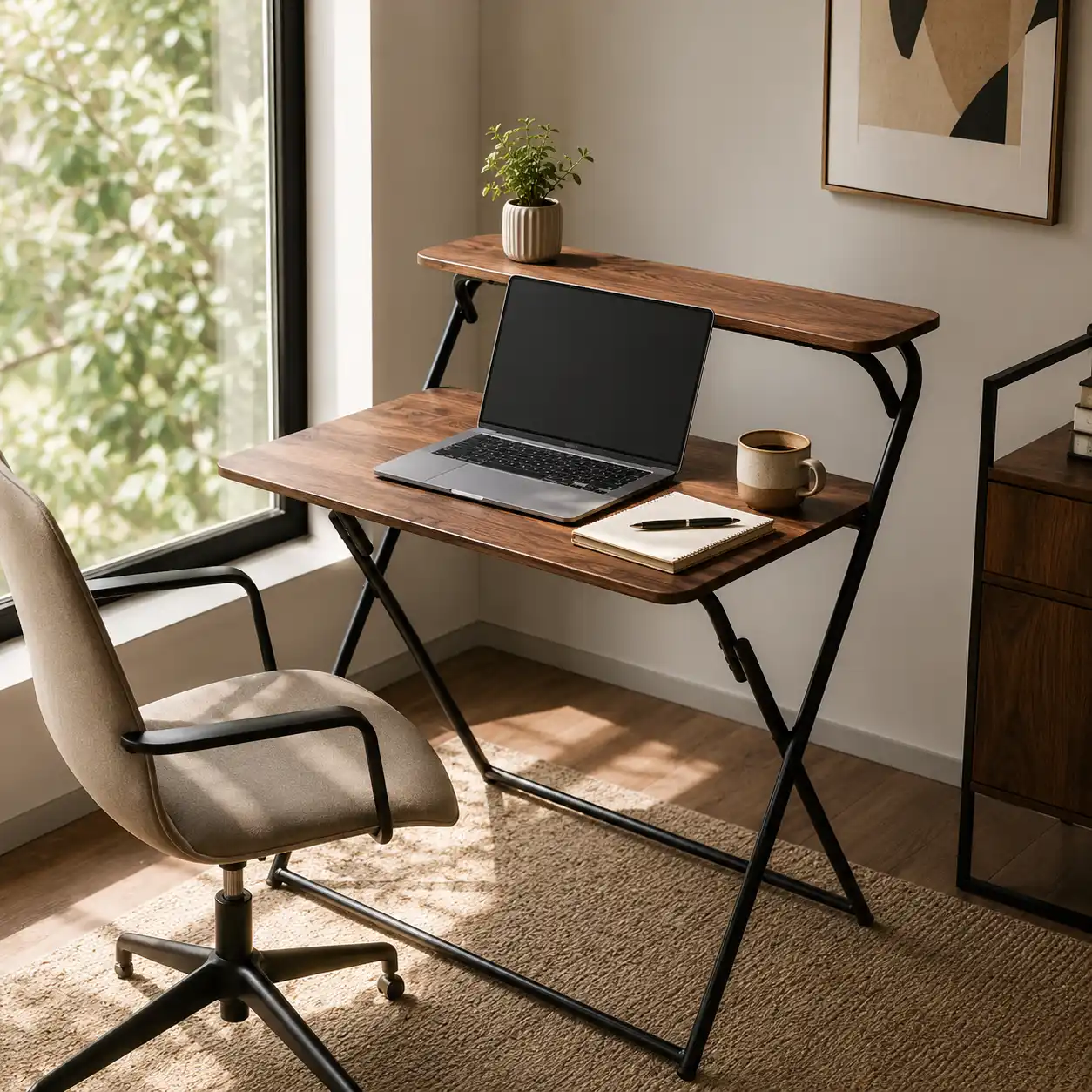 Bureau Pliable Moderne avec Étagère Supérieure – Effet Bois Noyer