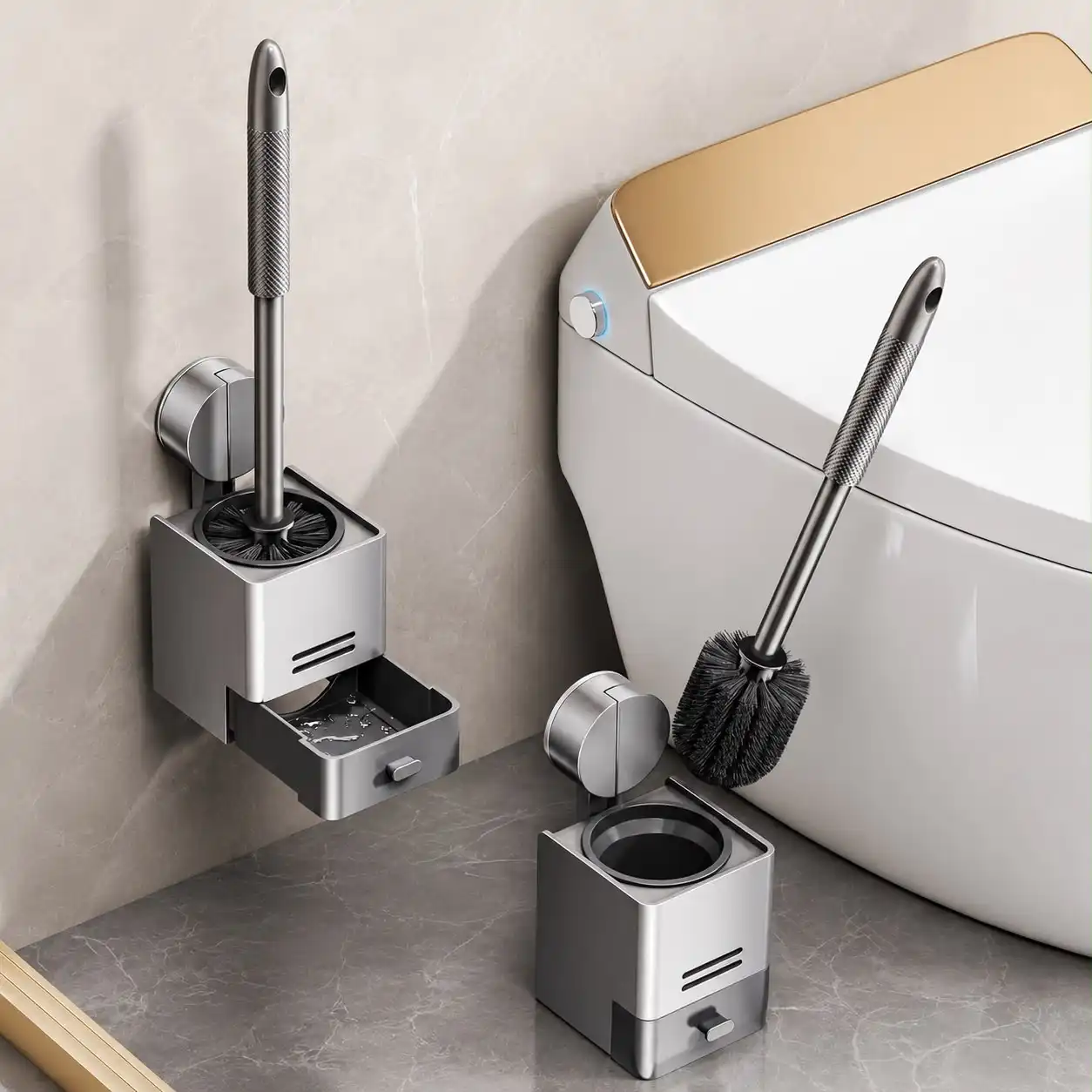 Brosse WC Murale Premium avec Support Ventouse et Bac de Récupération