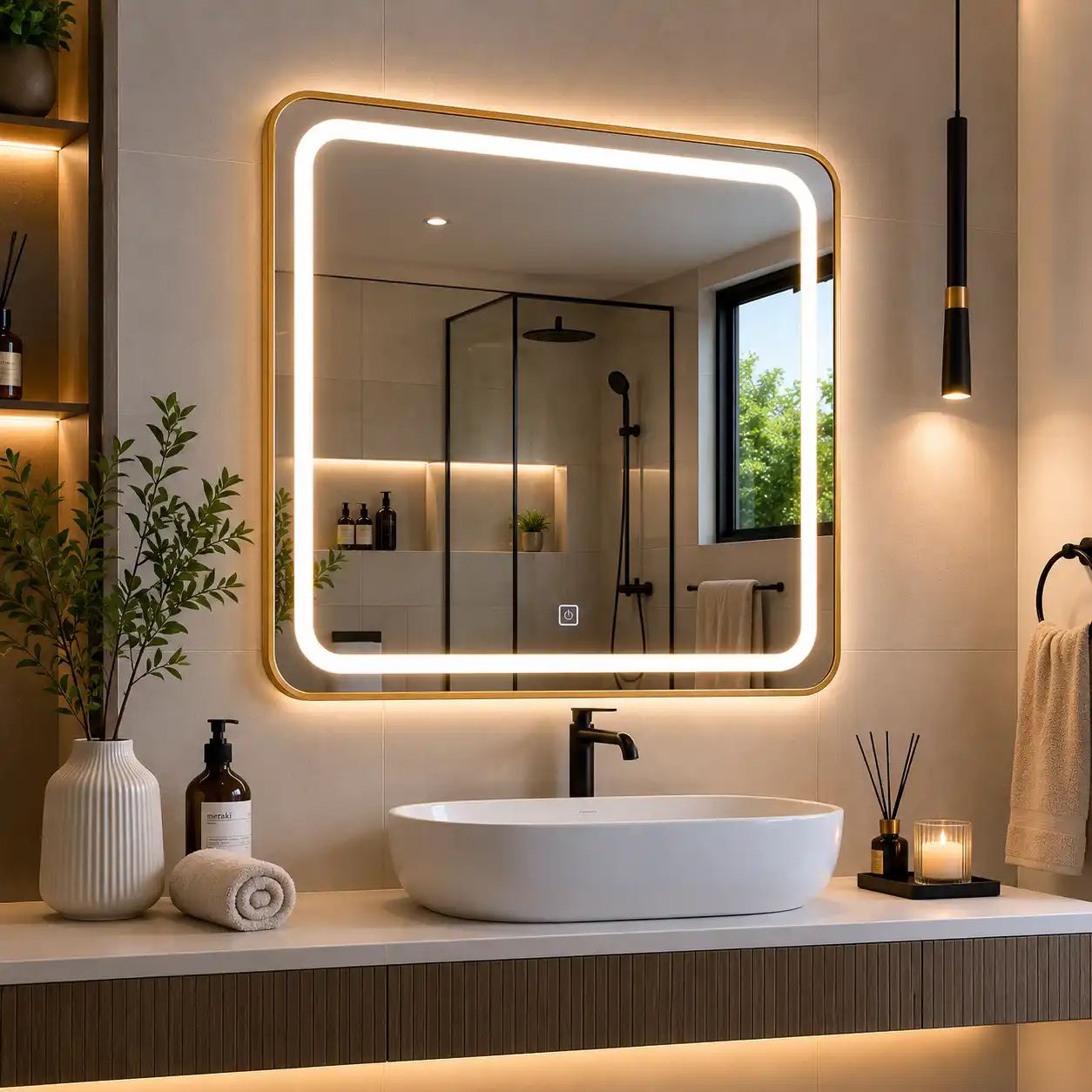 Miroir LED Carré DYANA – 60×60 cm Cadre Aluminium Doré