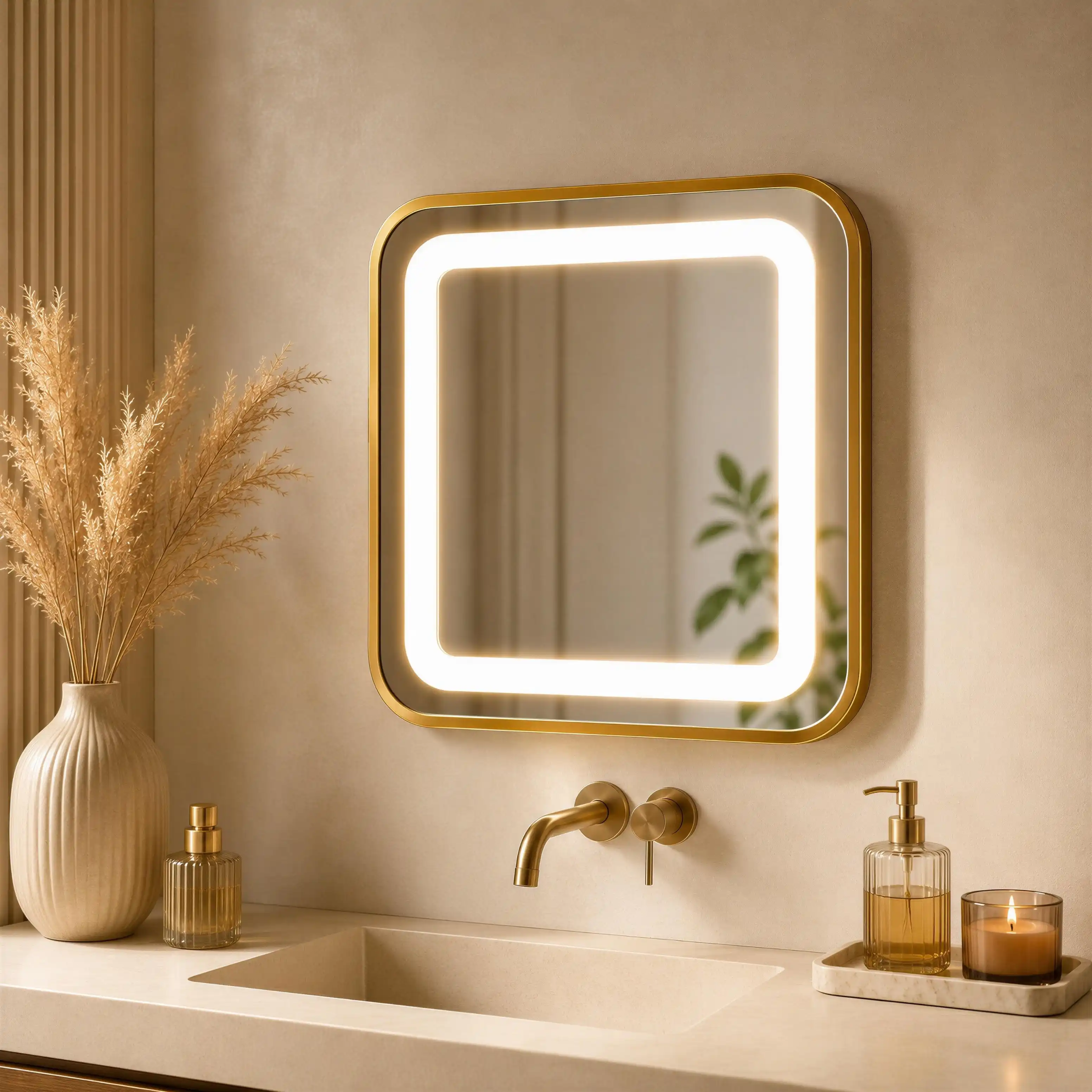 Miroir LED Carré 40×40 cm – Cadre Aluminium Doré