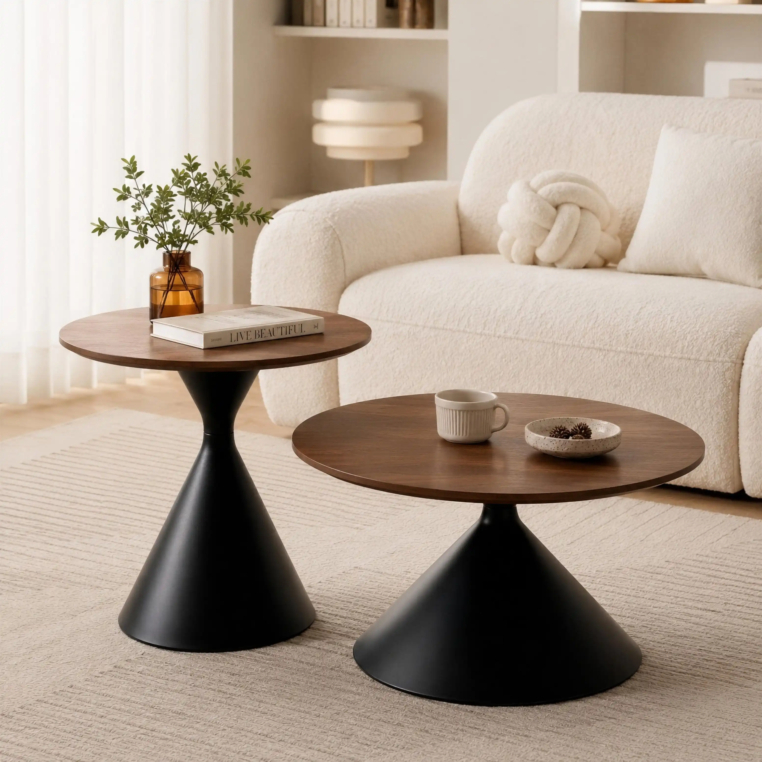 Duo Tables Basses Rondes NESTA Effet Bois Walnut & Base Noir