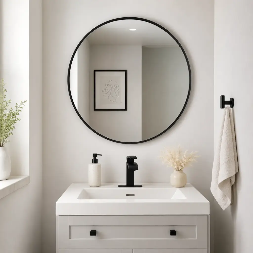 Miroir rond mural – Cadre MDF noir stratifie (Ø 70 cm)