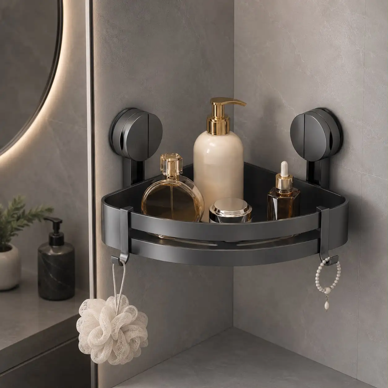 Etagère d’Angle Salle de Bain Sans Perçage – Aluminium Gris avec ventouse