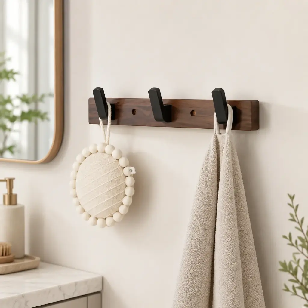 Porte-Manteaux Mural Bois & Aluminium Noir – 3 Crochets