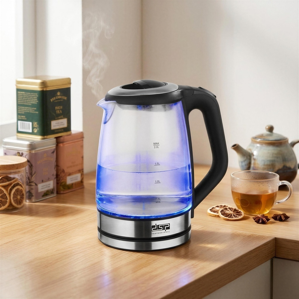 Bouilloire Électrique DSP 2L en Verre avec LED Bleue – 2200W