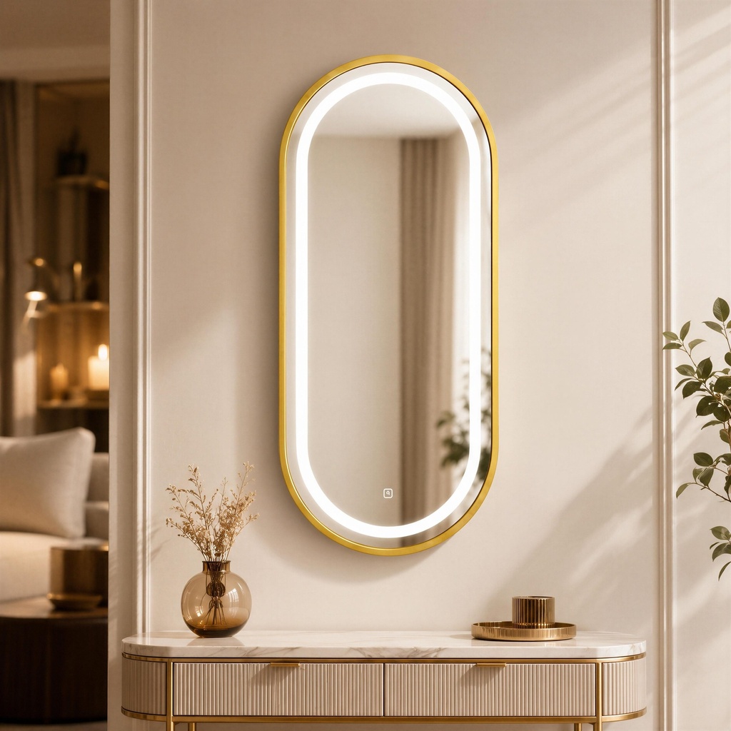 Miroir LED Ovale Vertical 120 × 50 cm – Cadre Aluminium Doré
