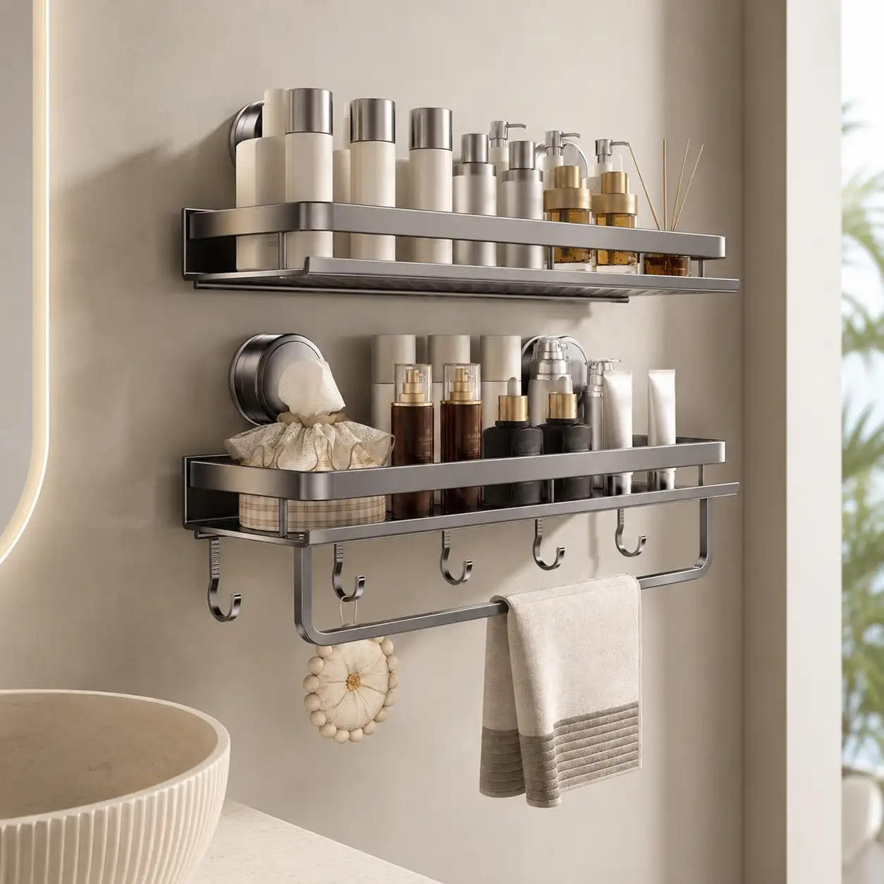 Lot de 2 Etagères Murales en Aluminium 50 cm avec Porte-Serviette – Gris Anthracite