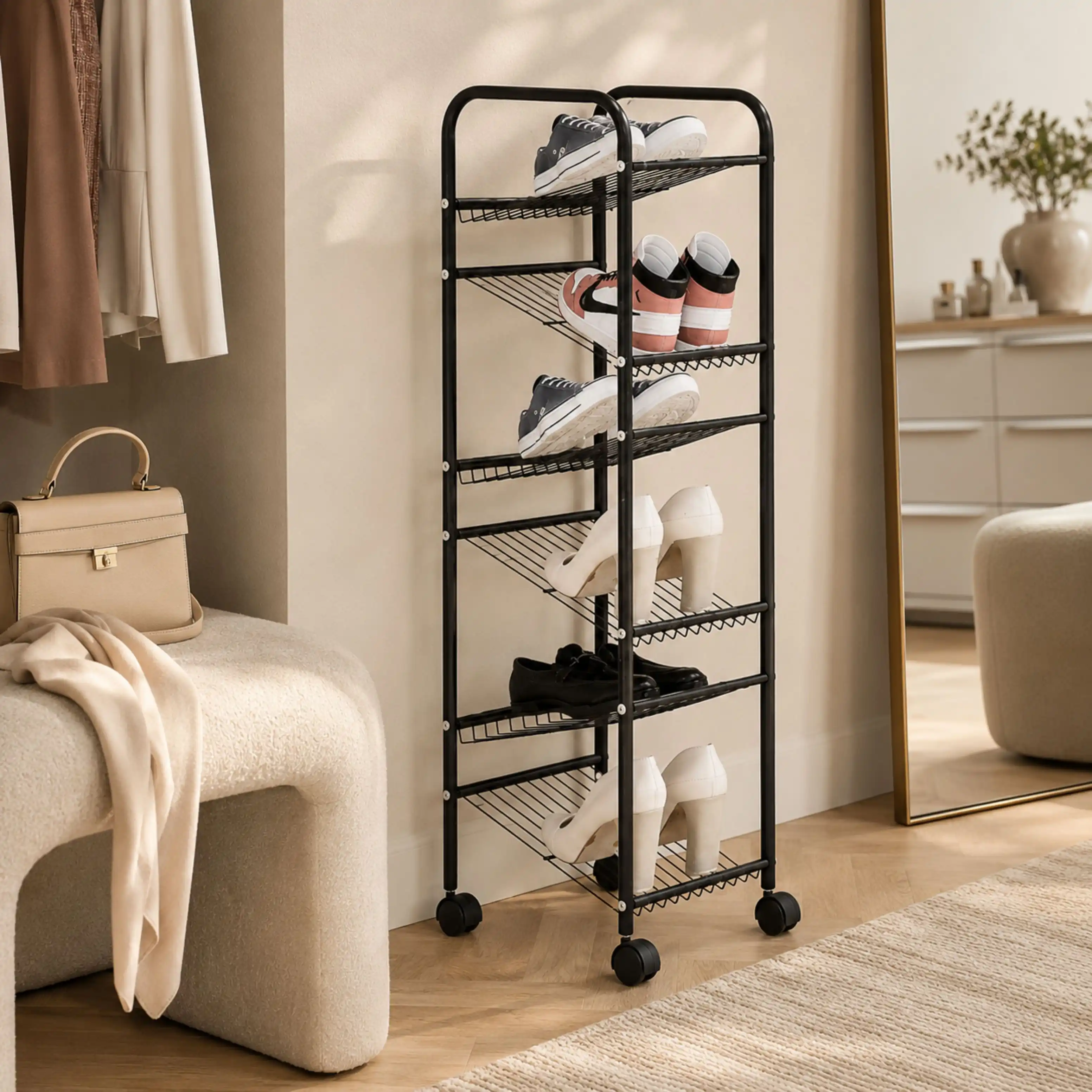 Porte-Chaussures Vertical Mobile 6 Niveaux – Métal Noir
