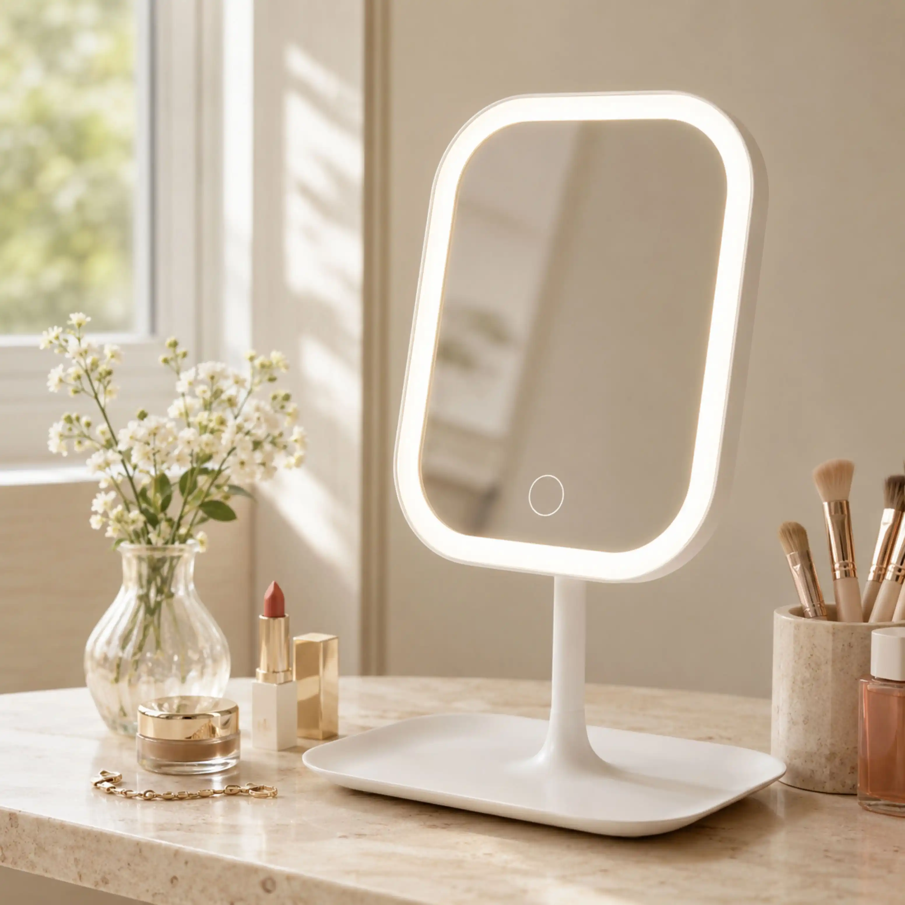 Miroir de Maquillage LED Rechargeable avec Plateau – Blanc