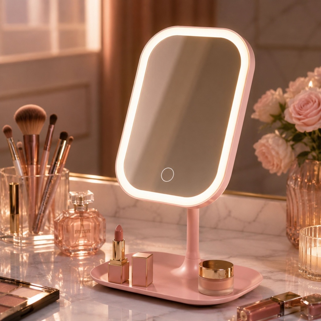 Miroir de Maquillage LED Rechargeable avec Plateau – Rose