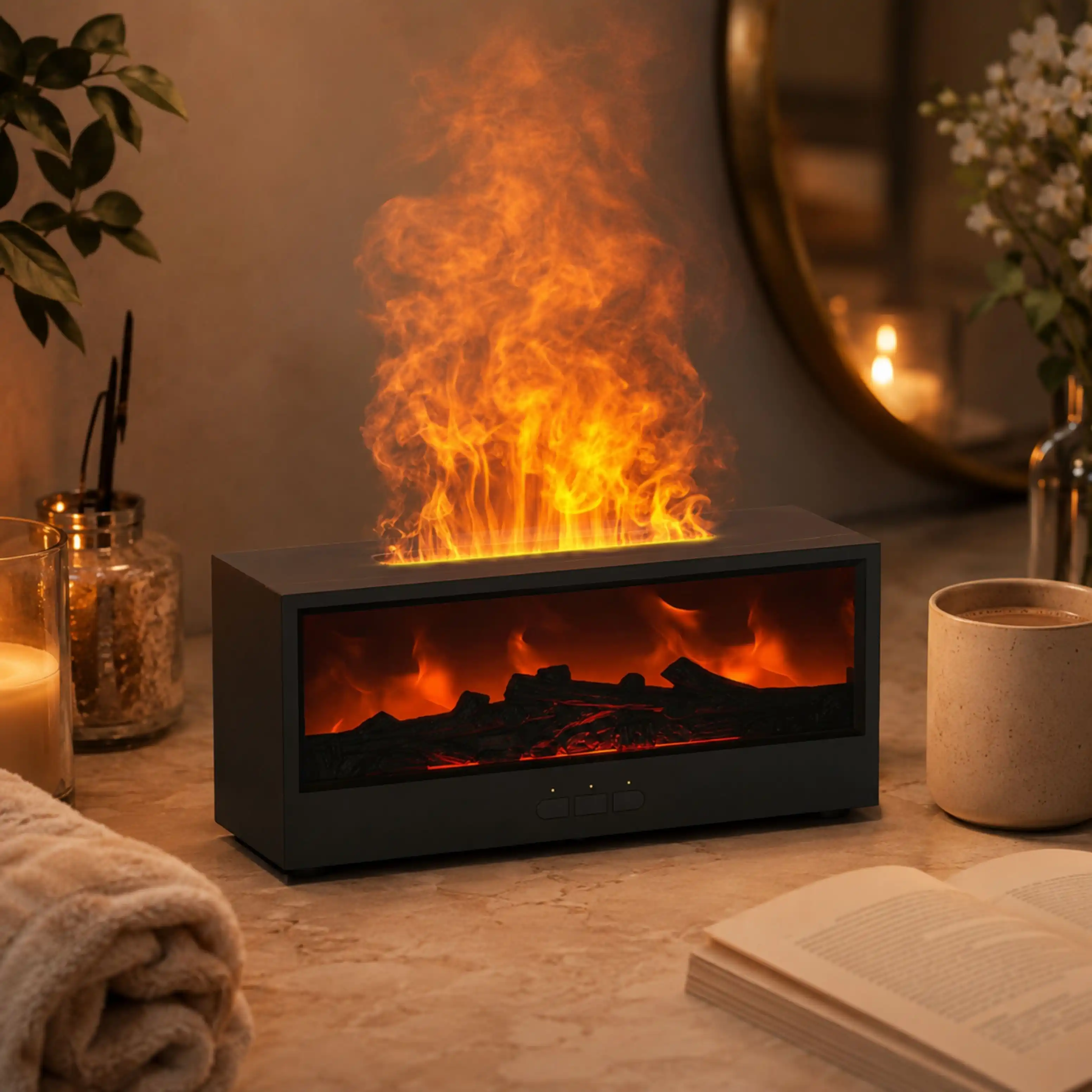 Diffuseur d’Aromathérapie Effet Cheminée avec Flamme LED et Télécommande