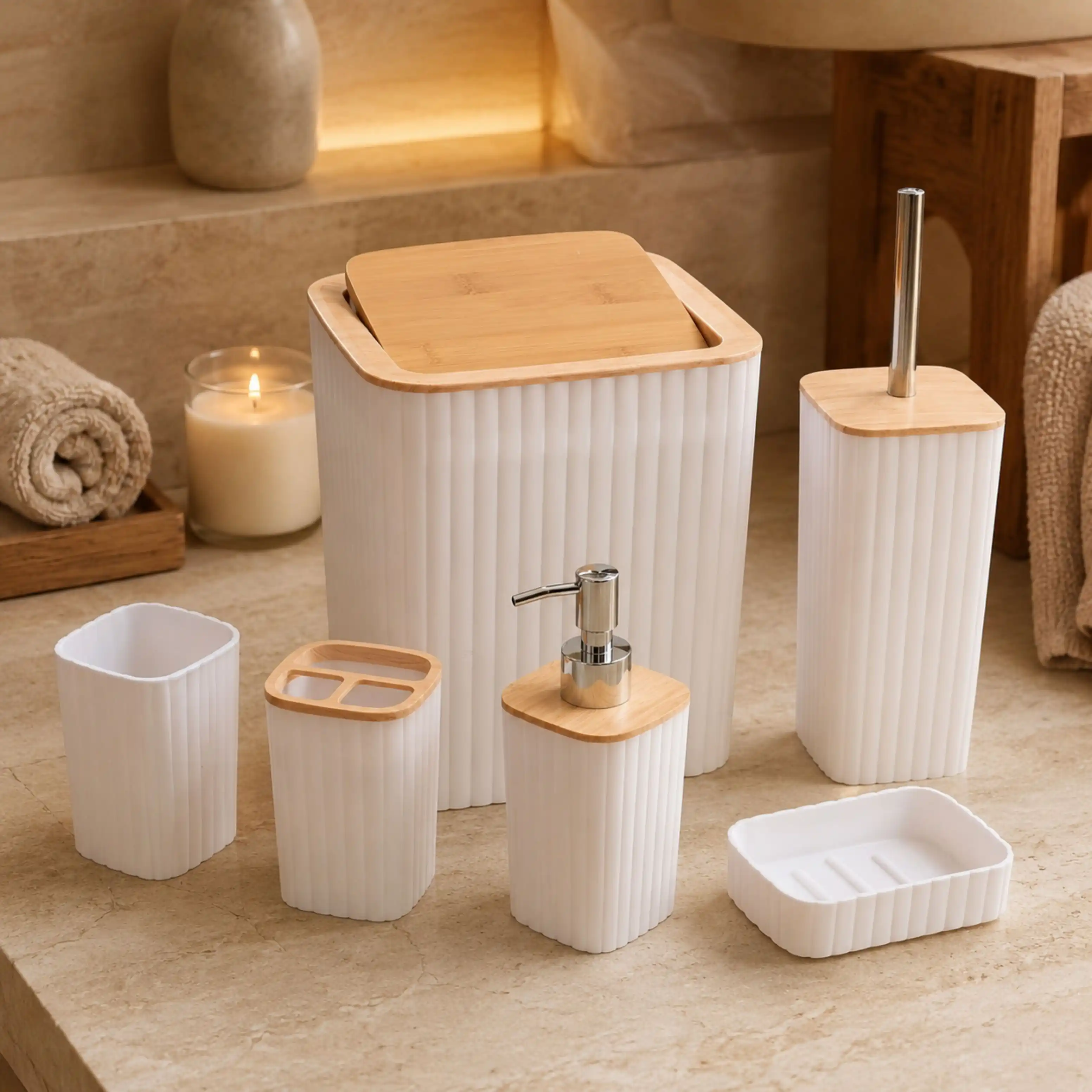Ensemble d’Accessoires de Salle de Bain 6 Pièces – Blanc & Effet Bambou