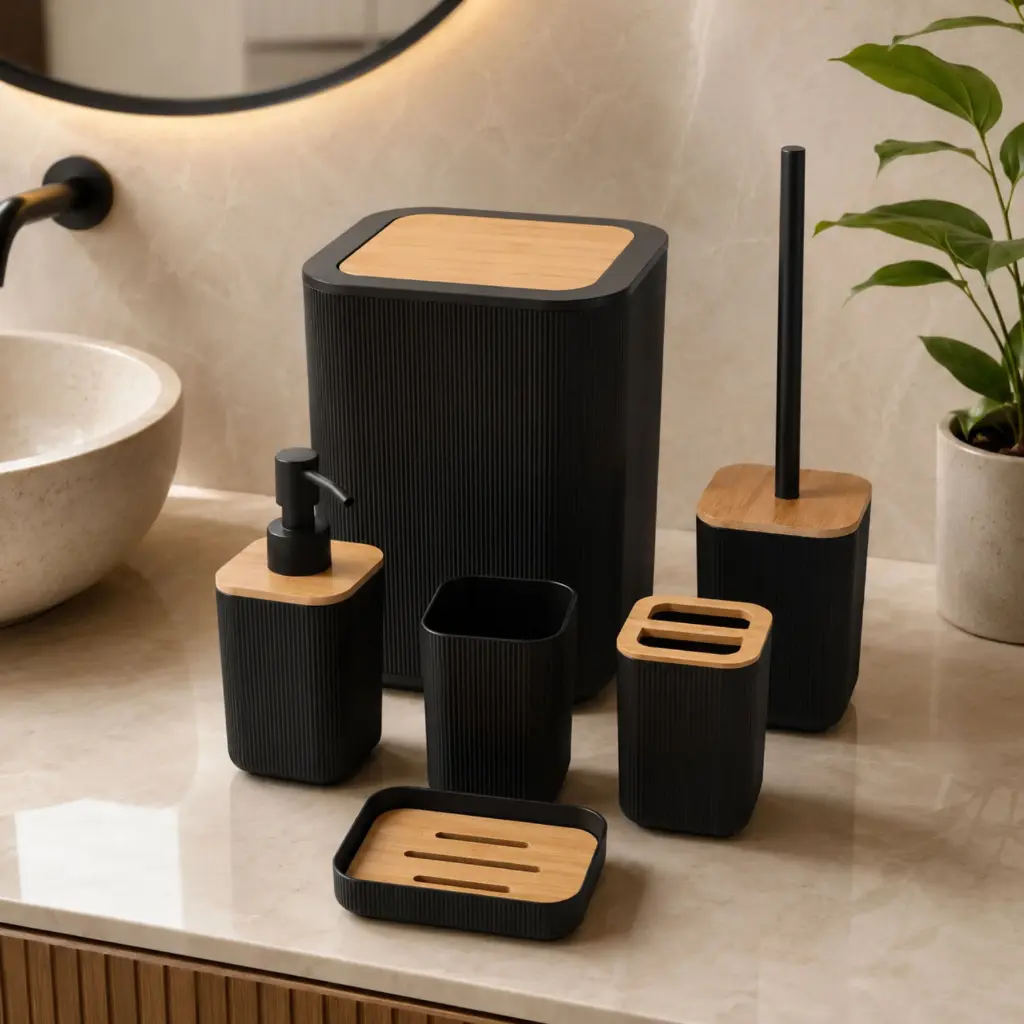 Ensemble Accessoires Salle de Bain 6 Pièces – Noir & Effet Bois