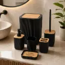 Ensemble Accessoires Salle de Bain 6 Pièces – Noir & Effet Bois