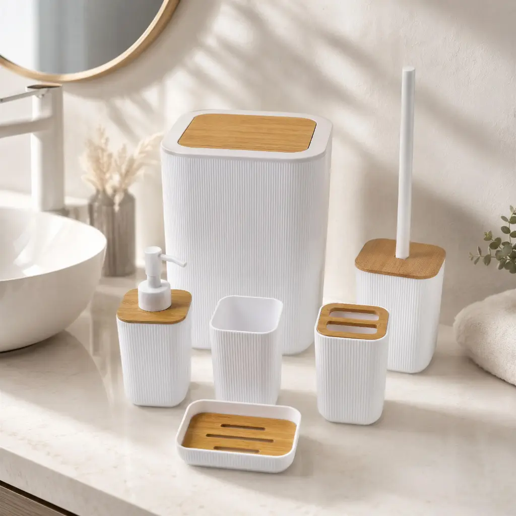 Ensemble Accessoires Salle de Bain 6 Pièces – Blanc & Effet Bois