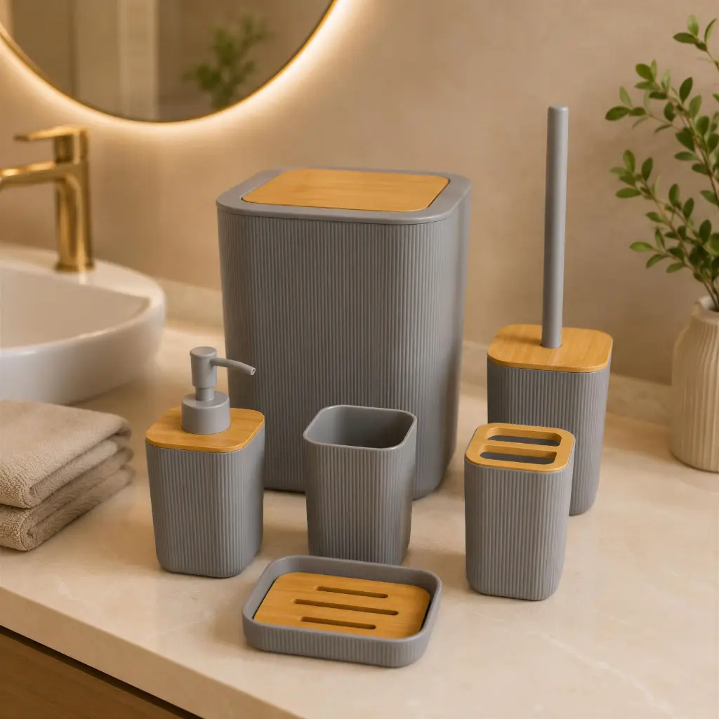 Ensemble Accessoires Salle de Bain 6 Pièces – Gris & Effet Bois