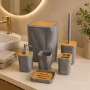 Ensemble Accessoires Salle de Bain 6 Pièces – Gris & Effet Bois