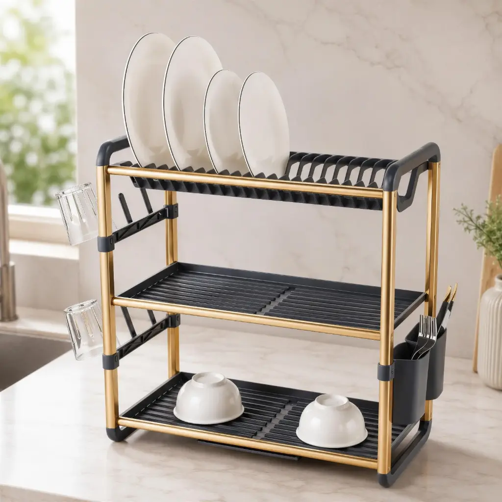 Egouttoir a Vaisselle 3 Etages en Aluminium – Dore