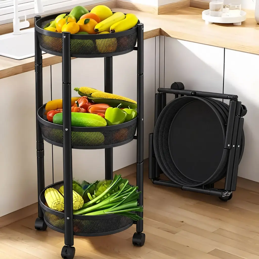 Chariot de Rangement Pliable 3 Niveaux en Métal – Noir