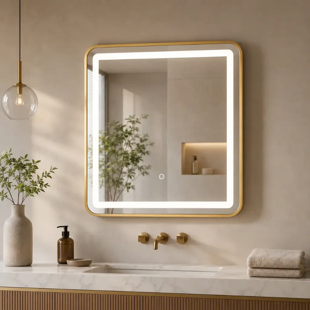 Miroir LED Carré Gold Premium 50×50 cm – Touch – Anti-buée