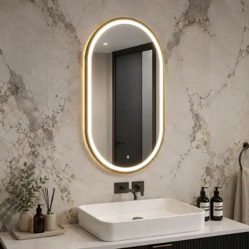 [TH-MIR-LED-OV8050-GD] Miroir LED Ovale Premium 80×50 cm – Cadre en Aluminium Doré (Vertical)